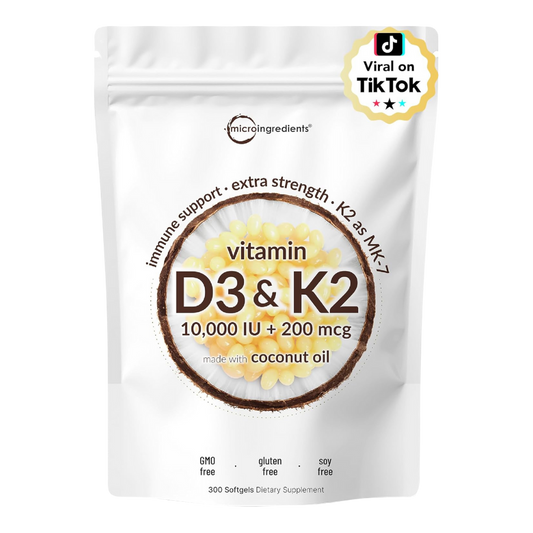 Micro Ingredients Vitamin D3 10,000 IU + K2 MK-7 200 mcg, 300 Softgels | Virgin Coconut Oil | 2-in-1 Bone, Immune & Heart Support | Easy to Swallow, Non-GMO